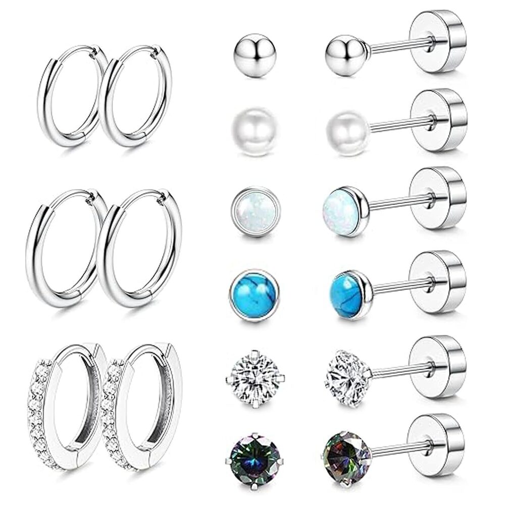 Titanium Steel Earrings for Women Men Flat Back Studs Hoop Silver